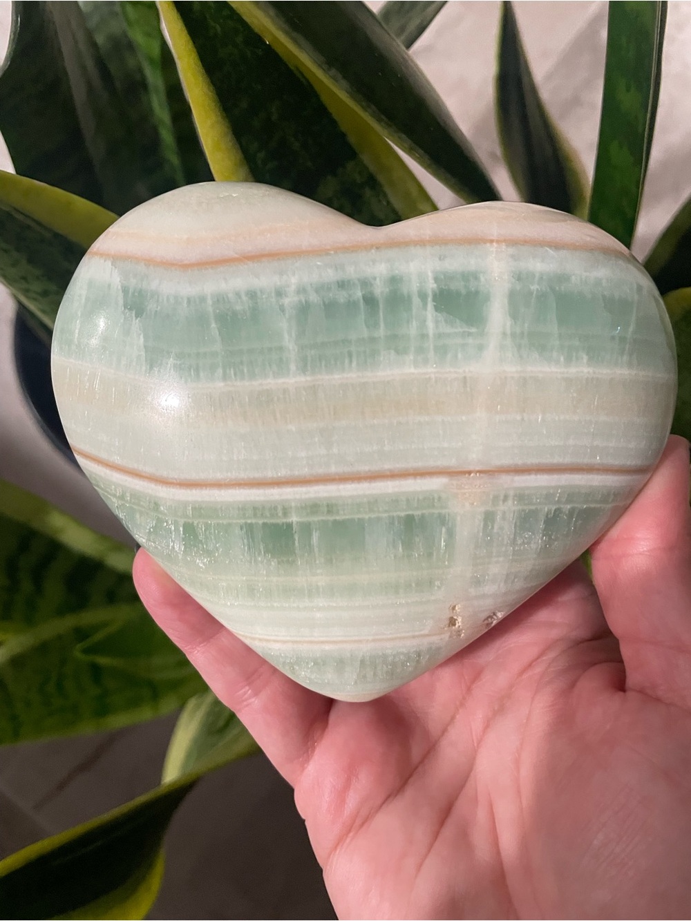Massive banded calcite polished crystal heart